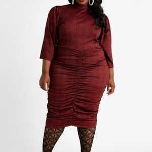 Red RUCHED MOCK NECK HOUNDSTOOTH DRESS